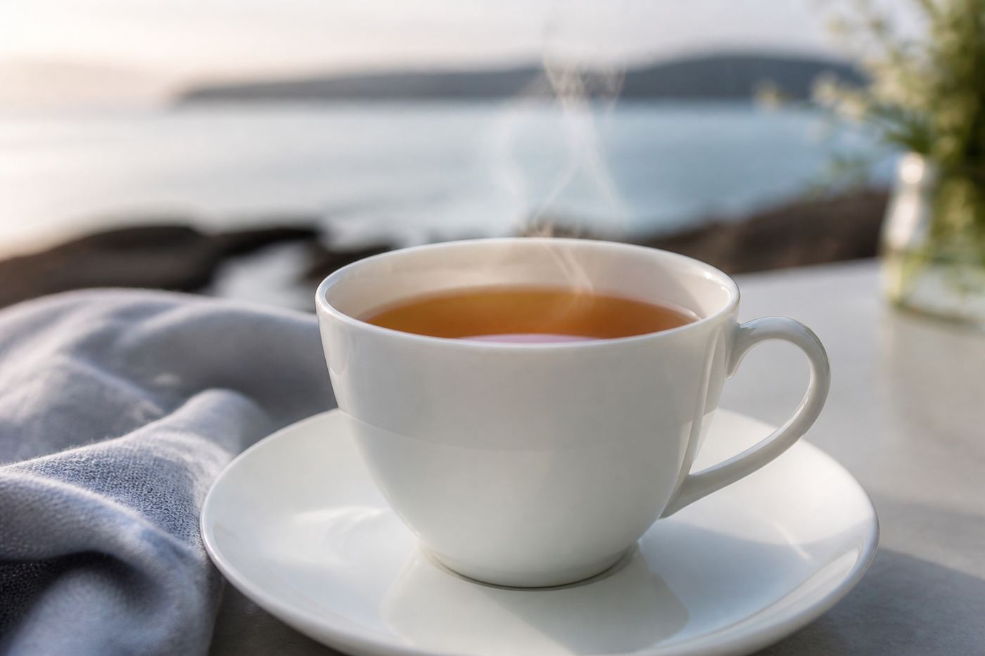 White porcelain cup of amber tea with gentle steam