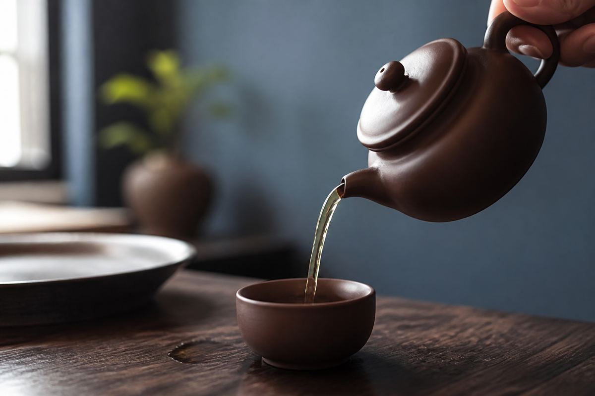Clay teapot pouring tea into a cup
