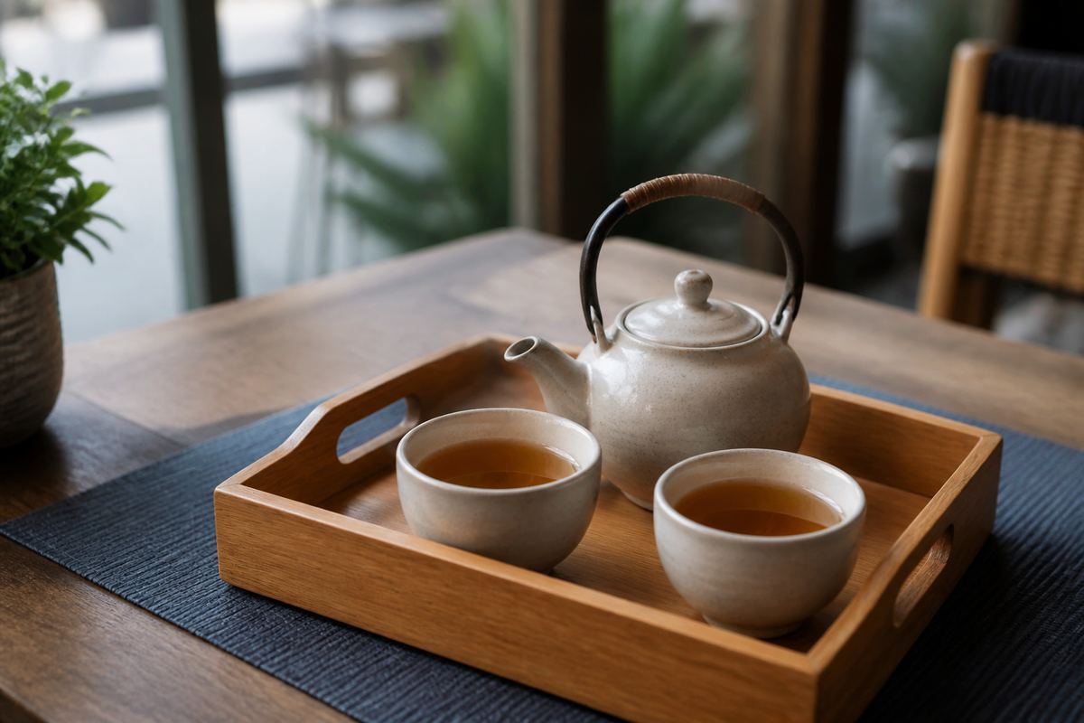 Wooden tray with two tea cups and a small teapot